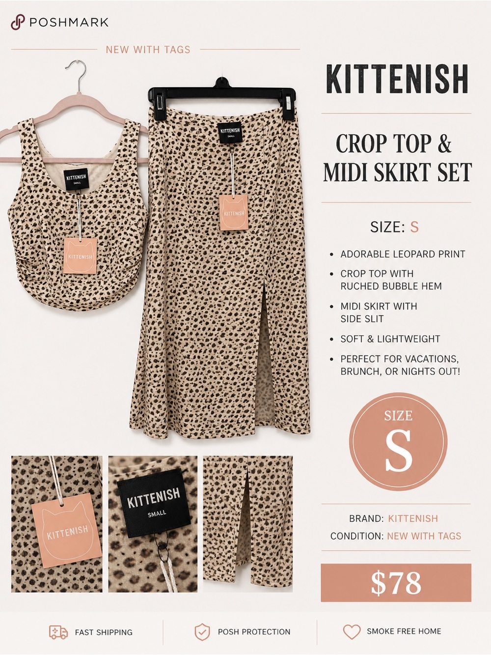 Kittenish Leopard Print Crop Top & Midi Skirt Set NWT Size S Boutique Chic